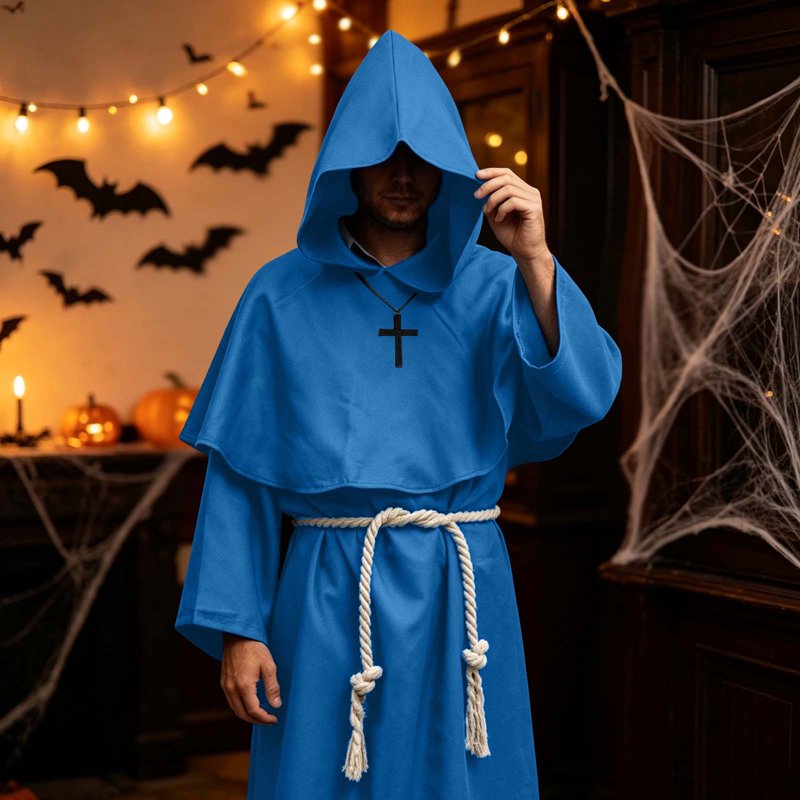 Medieval Monk Costume Set for Halloween Cosplay - Long Sleeve Robe & Belt, Blue, XL (Variation of Halloween Costumes Blue, XL)