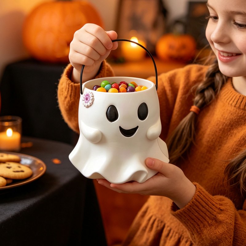 Halloween Ghost Candy Bucket - Cute Resin Treat Container with Handle - Variation #024