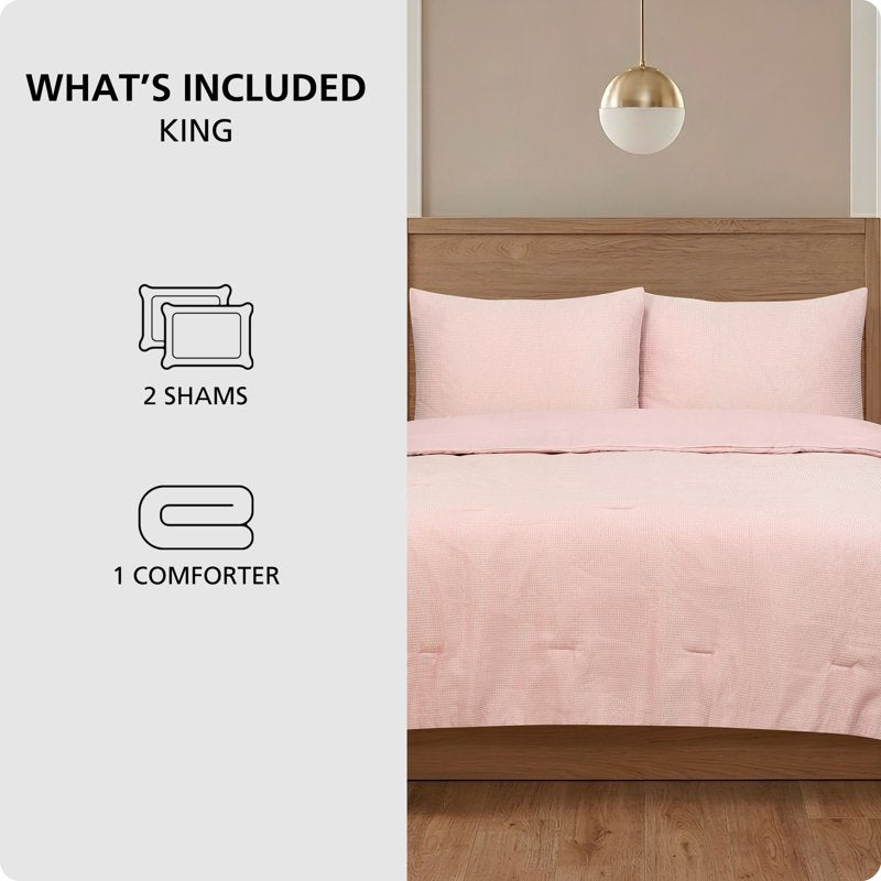 King Waffle Comforter Set with Matching Shams - Pink Dusk
