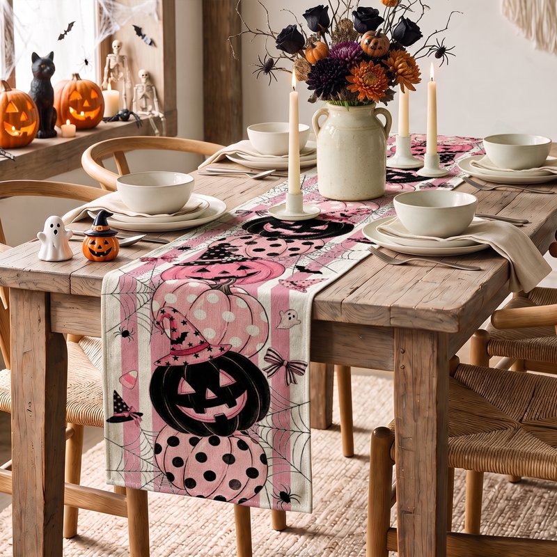 Halloween Table Runner 13x72 Inch Polka Dot Pink Pumpkin Witch Ghost Bat Web