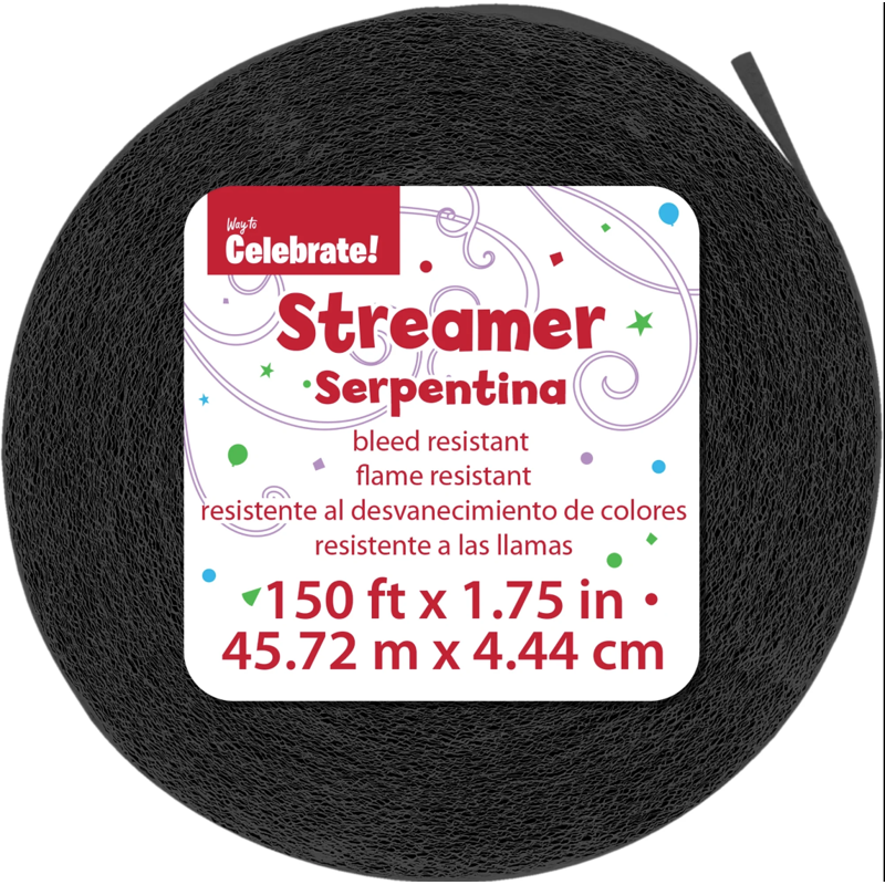 Black Paper Party Streamer 150 Feet for Decorations & Backdrops