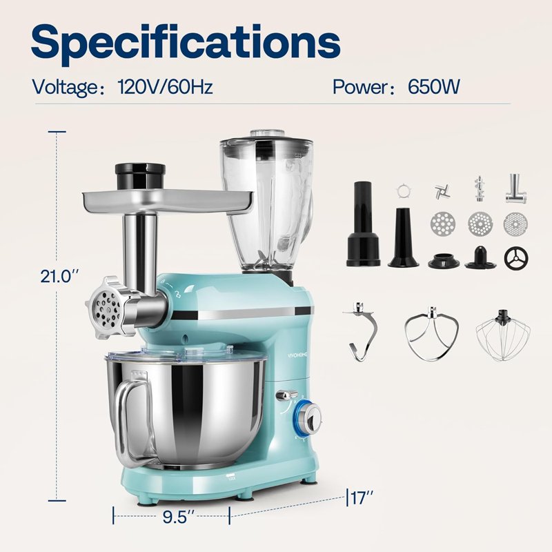 3 in 1 Stand Mixer with 6 Quart Bowl and Meat Grinder - Blue