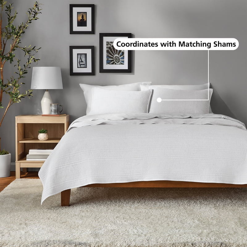 King Mainstays Garment Washed Stripe Quilt - White Microfiber Bedding