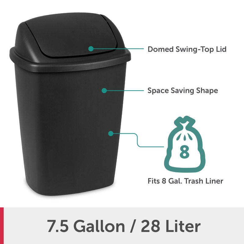 7.5 Gallon Plastic Kitchen Trash Can with Swing Top Lid - Black