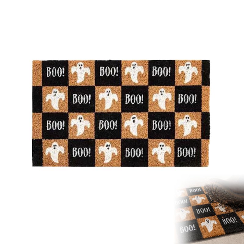 Halloween Ghost Doormat B - Black and Orange Checkered Front Door Rug, Non Slip Cute Spooky Decor