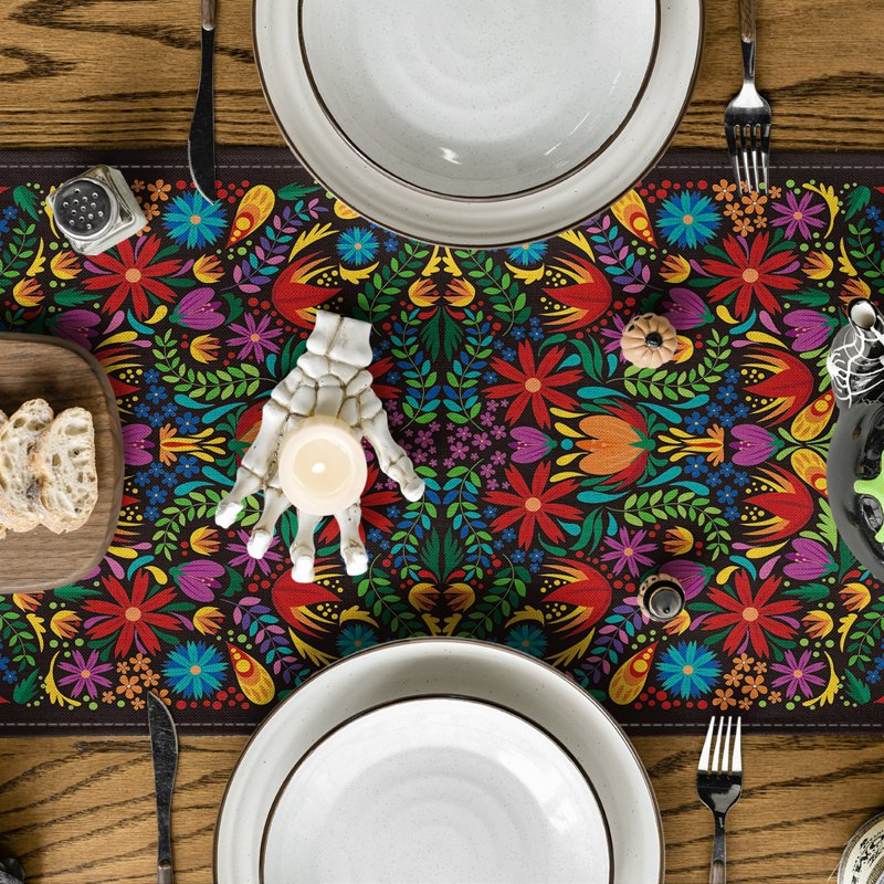 Dia De Los Muertos Floral Fiesta Table Runner - Black 13 x 72 Inch Party Decor