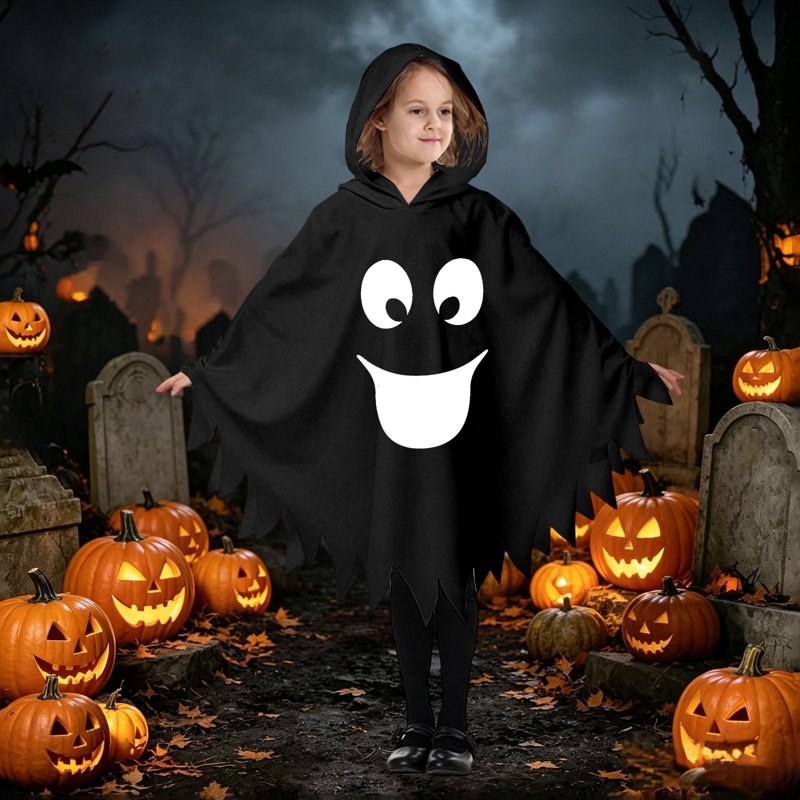 Kids Ghostface Halloween Costume Cape - Unisex Hooded Dress Up Outfit for Ages 4-6, Black Fancy Dress