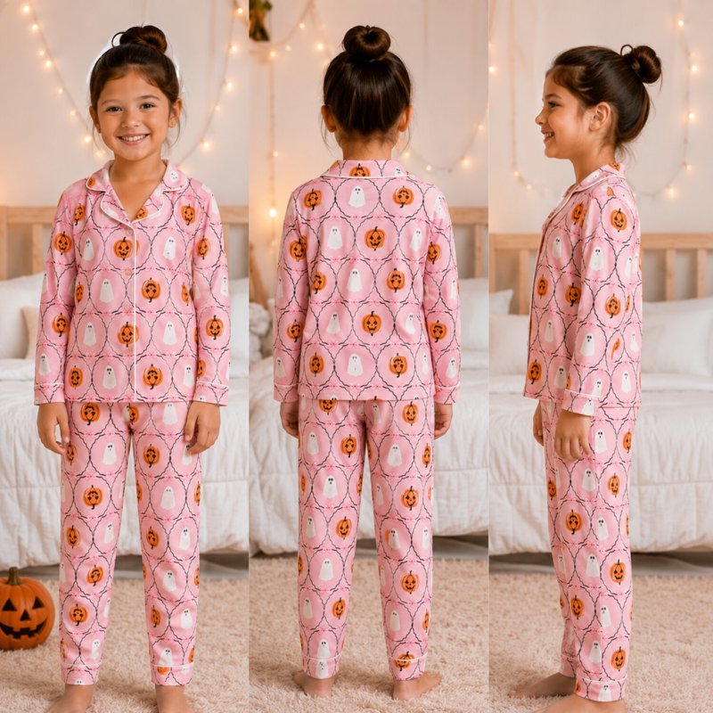 Pink Pumpkin Girls Pajamas Set - 2T 3T Halloween Long Sleeve Sleepwear