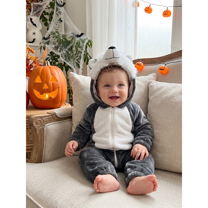 Kids Toddler Baby Wolf Costume Gray 4-5 Years Fleece Jumpsuit Halloween Cosplay