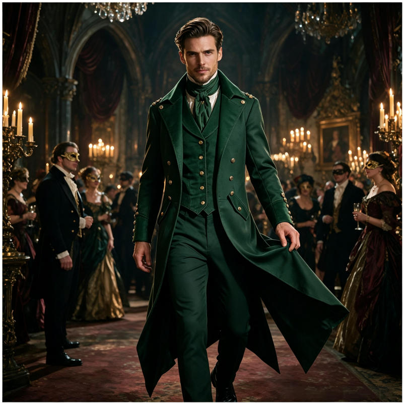 Men's Gothic Tailcoat Jacket, Green XL Medieval Steampunk Costume