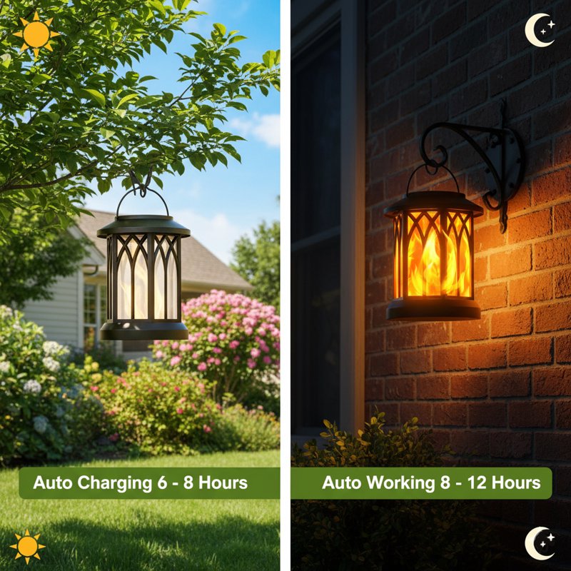 Black 2 Pack Solar Lantern Outdoor Flickering Flame Waterproof Hanging & Tabletop Lanterns