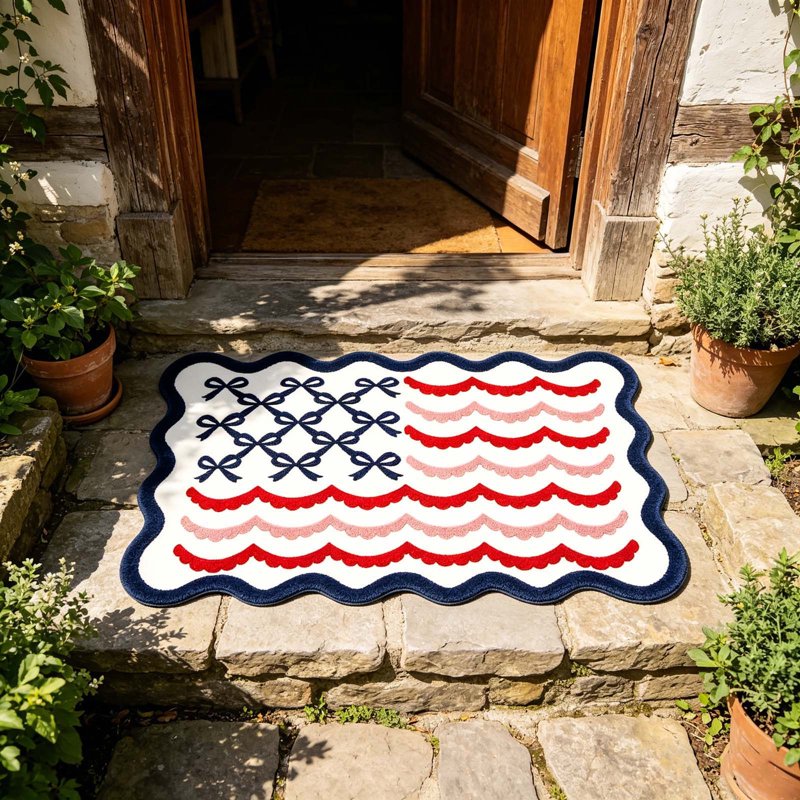 Patriotic Door Mat 4th of July Bow Flag Floor Doormat - 24x35in - Independence Day Welcome Rug - Non Slip Front Porch Decor