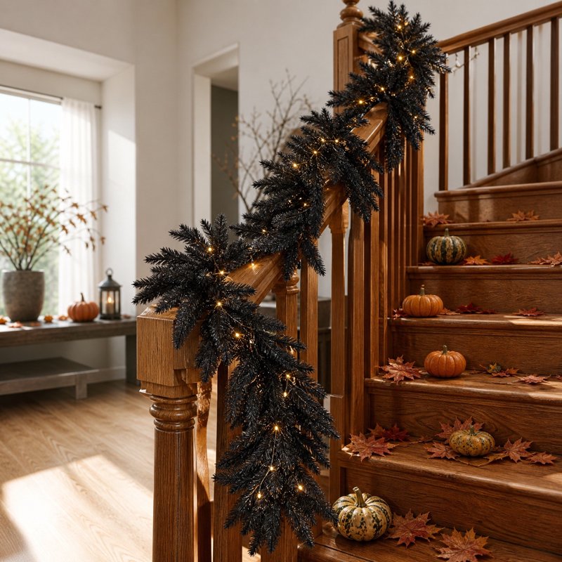 Rattan Garland Vines - 70.87in Black Cedar Halloween Decor with Dark Rose Leaves