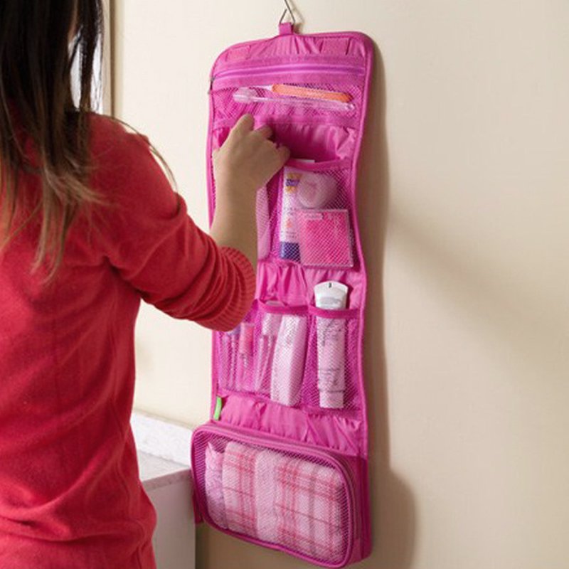 7-Pocket Hanging Toiletry Bag - Durable Canvas Cosmetic Organizer