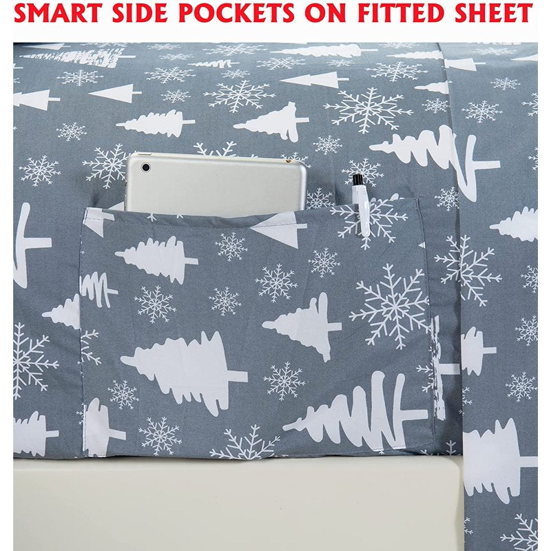 Holiday Pattern 1500 Thread Count Bed Sheet Set - Full Christmas Tree Design - Wrinkle-Resistant Bedding