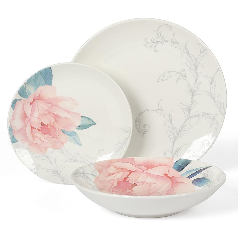 Peony 12-Piece Round Fine Ceramic Dinnerware Set - White & Pink
