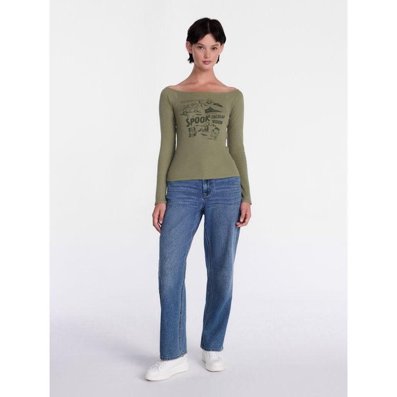 Peanuts Women's Halloween Graphic Long Sleeve T-Shirt Olive Leaves XL - Spooky Season Style