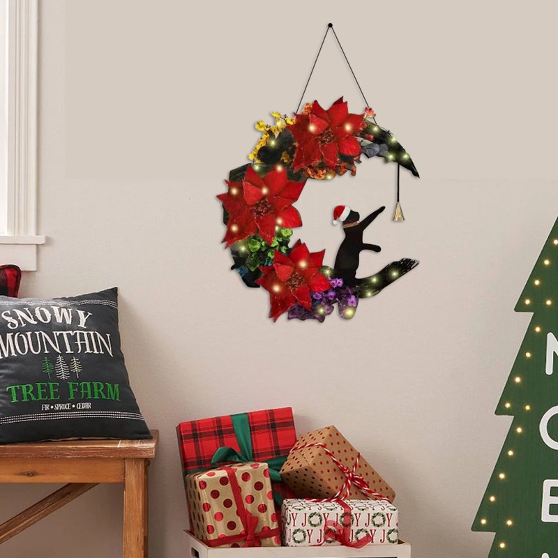 Moon Cat Farmhouse Wreath with Rose Garland for Indoor Outdoor Decor