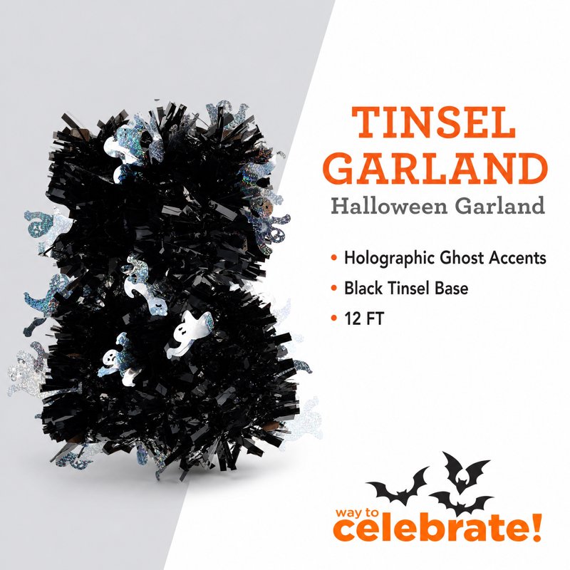 Halloween Ghost Tinsel Garland 12ft - Silver & Black Decor with Ghost Cut-Outs