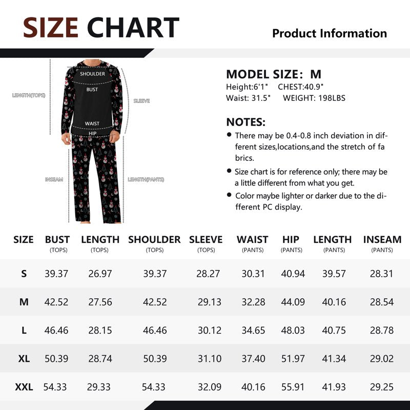 Men's Pajamas Set Long Sleeve Sleepwear with Pockets - Black Snowman 2XL