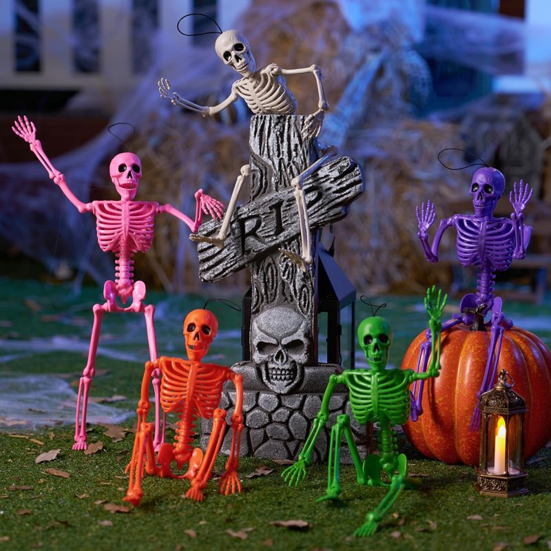 Joyfy 5-Piece 16-Inch Posable Skeleton Halloween Decorations - Black + White