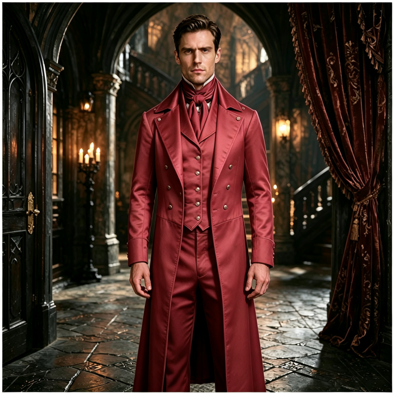 Men's Victorian Tailcoat with Faux Vest Layer - T-Red, Size S