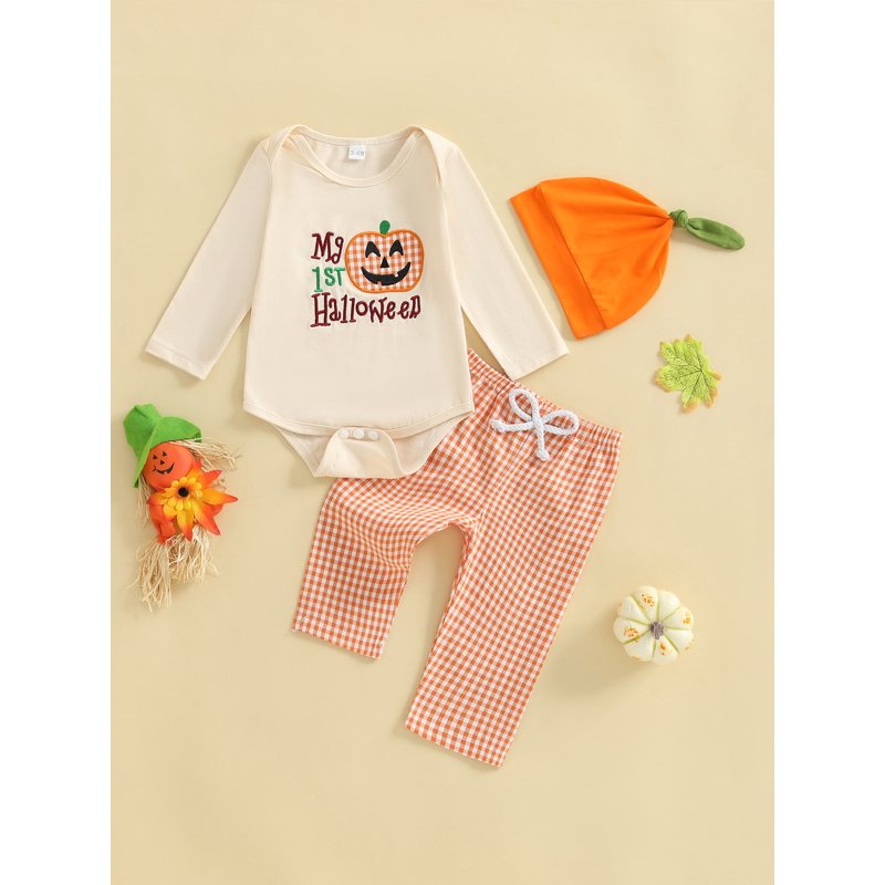 Baby Boy Halloween Outfit Apricot C Letter Pumpkin Embroidery Romper Set 6-12 Months