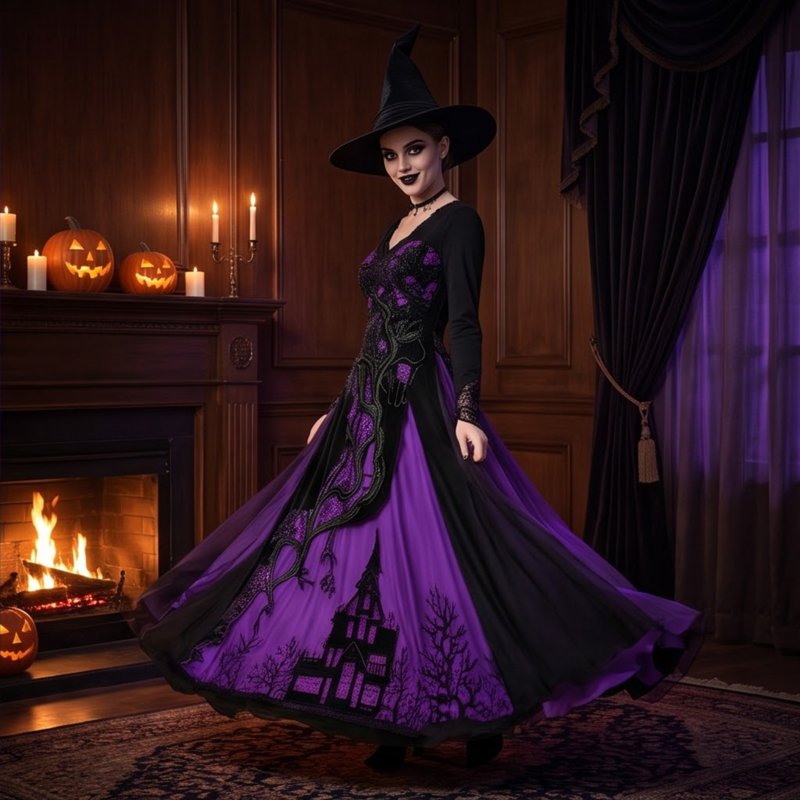 Women's Gothic Halloween Dress - Thorn Pattern Lace Chiffon Maxi Costume - Purple 2XL