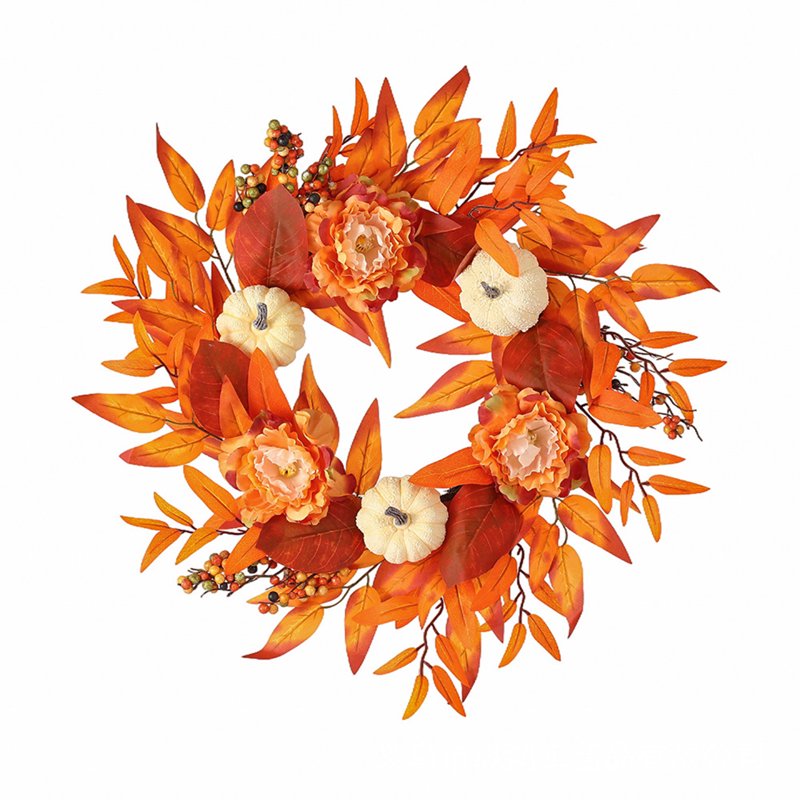 Fall Door Hanger with Pumpkin and Maple Leaves - Thanksgiving & Halloween Decor