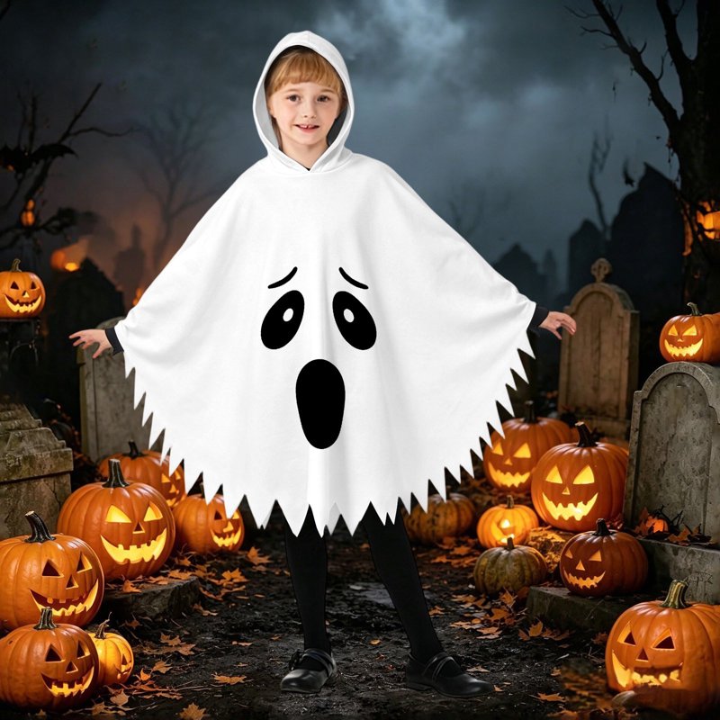 Kids Ghost Face Hooded Cape Costume - Unisex Halloween Dress Up, 10-12 Years - White