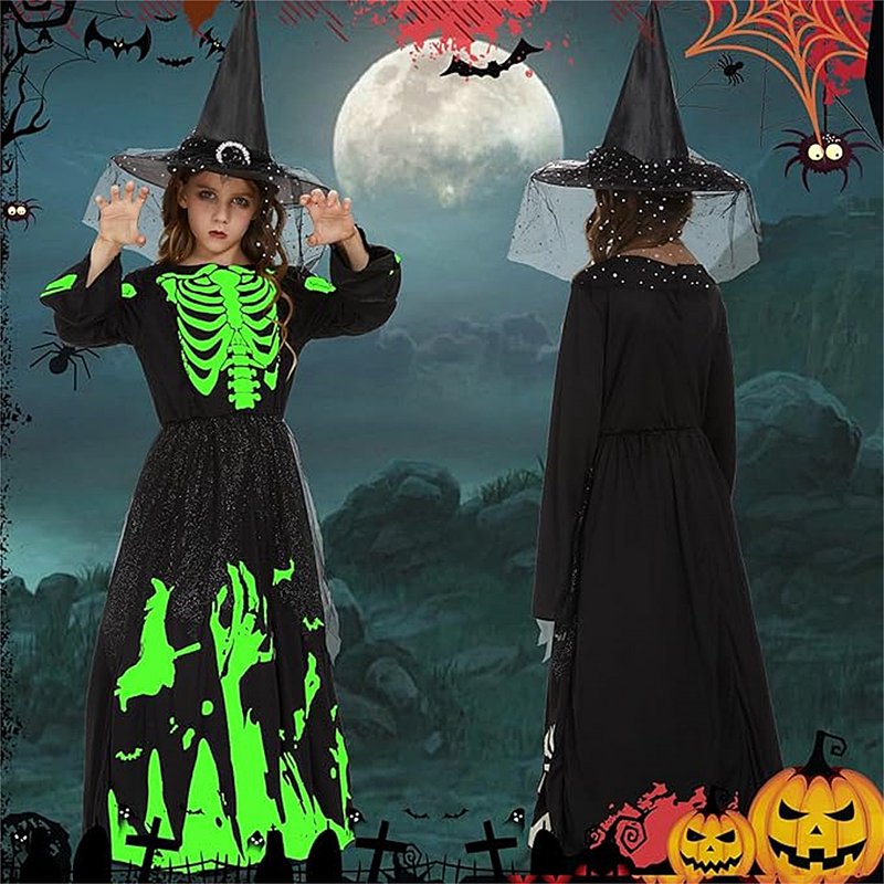 Girls Skeleton Ghost Witch Costume - Glow in The Dark Dress & Hat, 10-11 Years - Halloween Cosplay