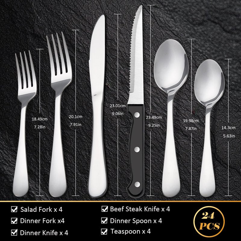 24-Piece Stainless Steel Flatware Set with Steak Knives - Silver