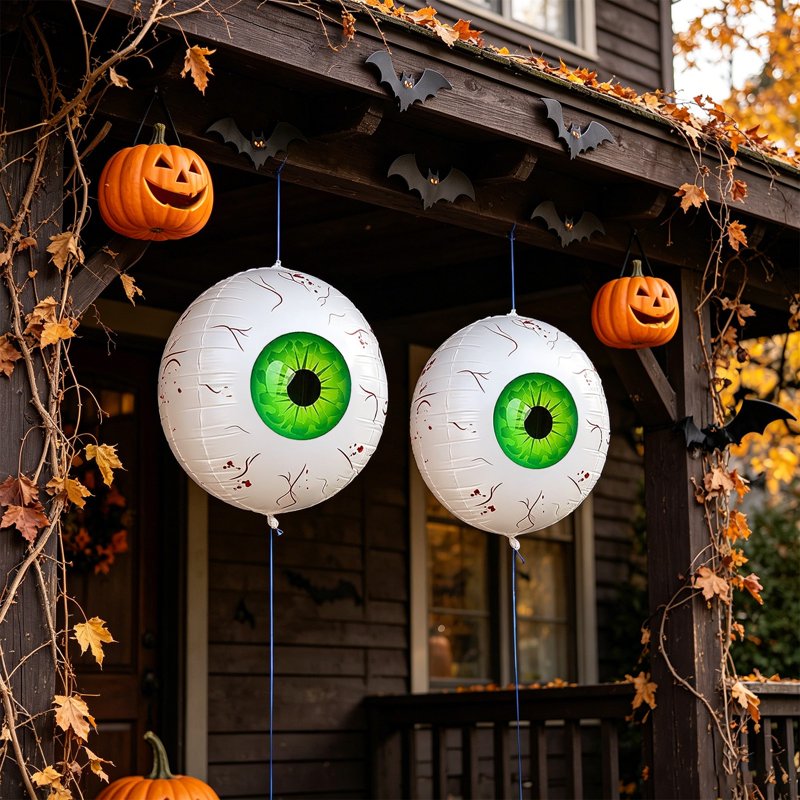 FEOLGEHLY Green Inflatable Eyeball Halloween Decorations - 2PCS Bloodshot Horror Balloons for Yard Party