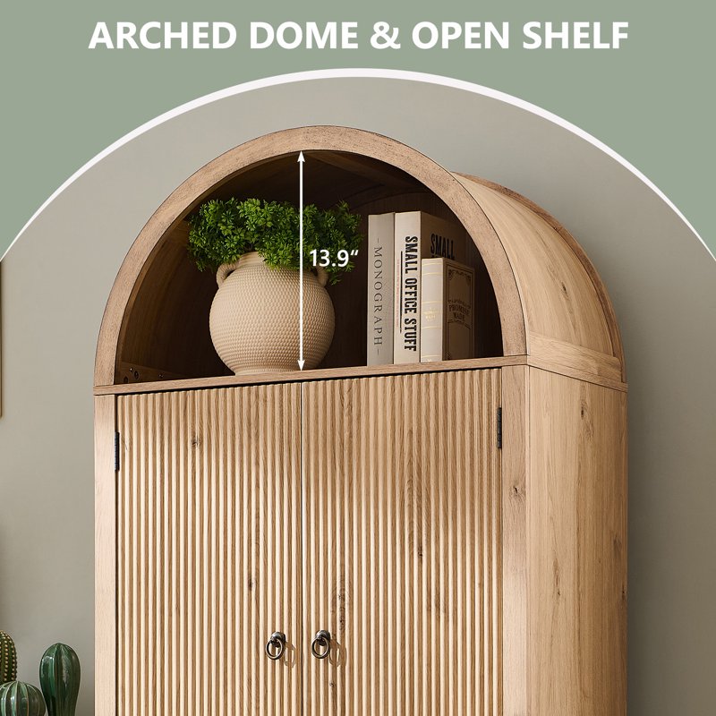 Modern Wavy Arched Pantry Storage Cabinet - Natural Fluted Wood, 71"