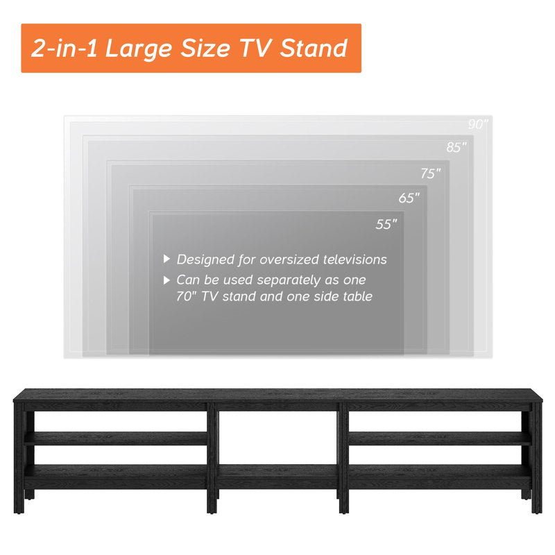Black Wood TV Stand for 90 Inch TVs - Entertainment Center with Open Shelves