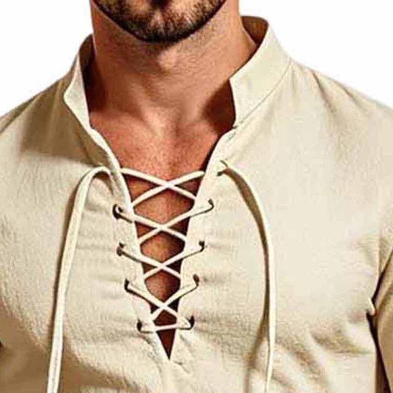 Brown Renaissance Pirate Costume Set for Men - Lace-Up Shirt, Pants, Belt & Arm Guards, Size L