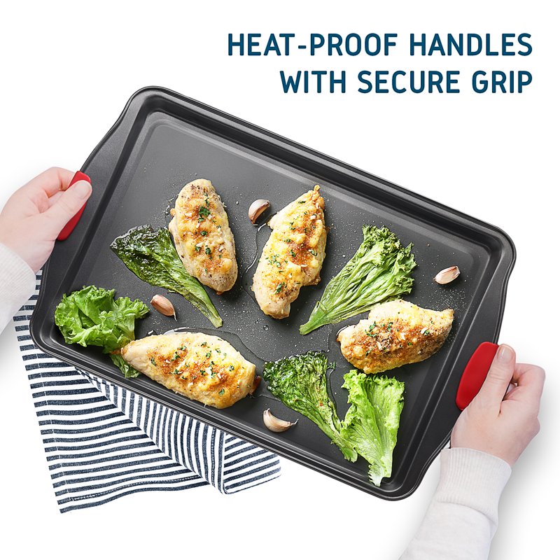 Non-Stick Carbon Steel Baking Sheet Set - 2 Large Pieces with Silicone Handles