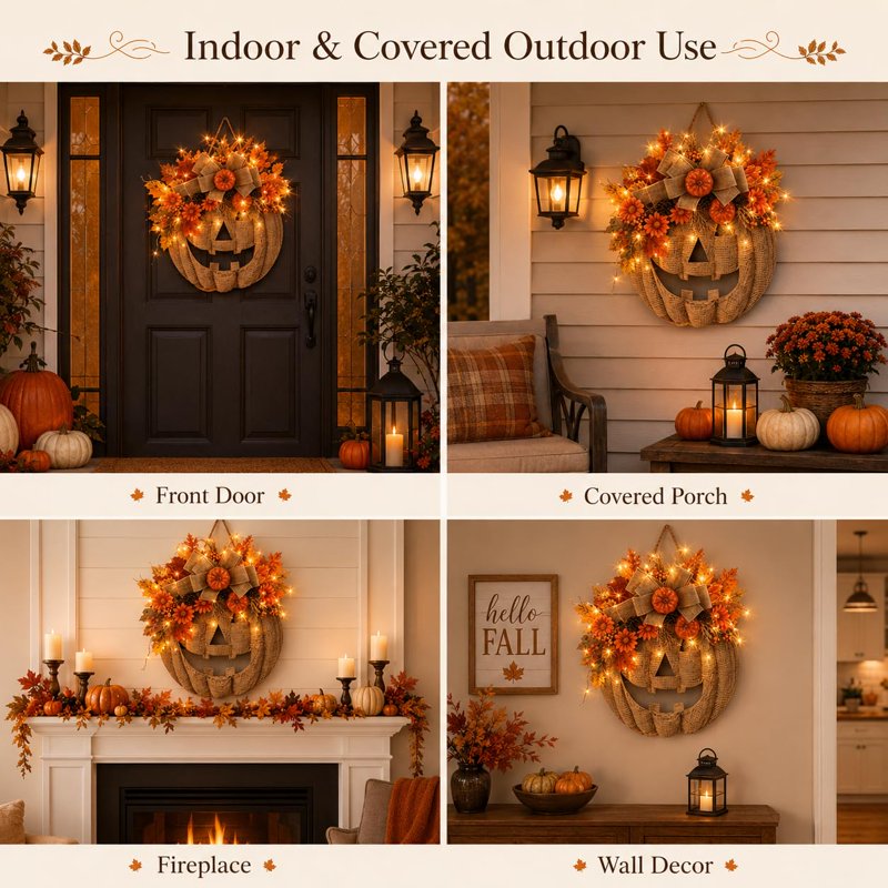 Lighted Burlap Pumpkin Wreath - 13.78-Inch Fall Door Decor with LED Fairy Lights