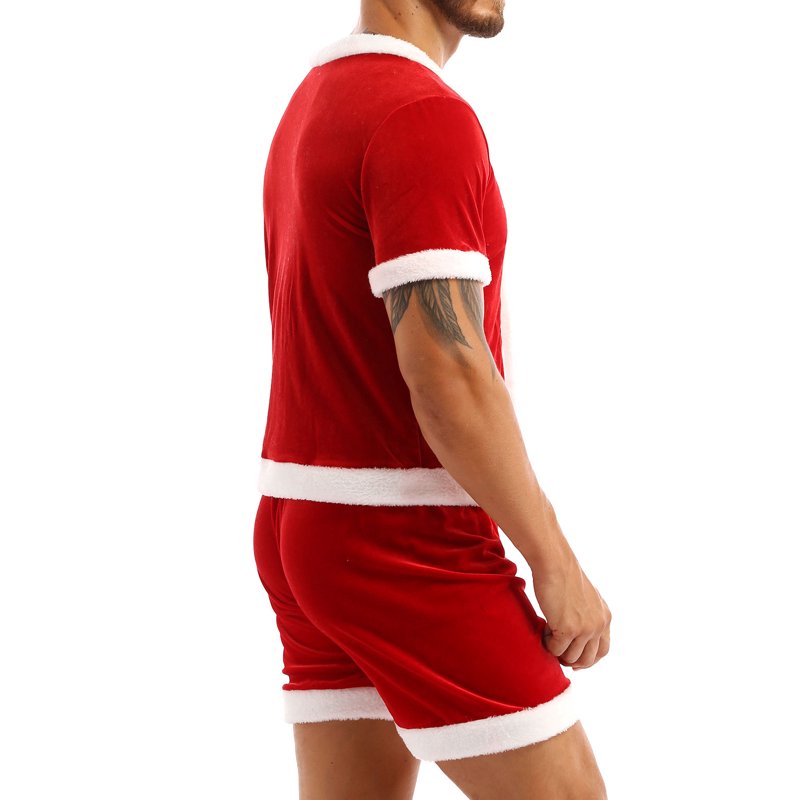 Men's Velvet Santa Costume Set - Short Sleeve Top & Elastic Waist Shorts, Red, Medium