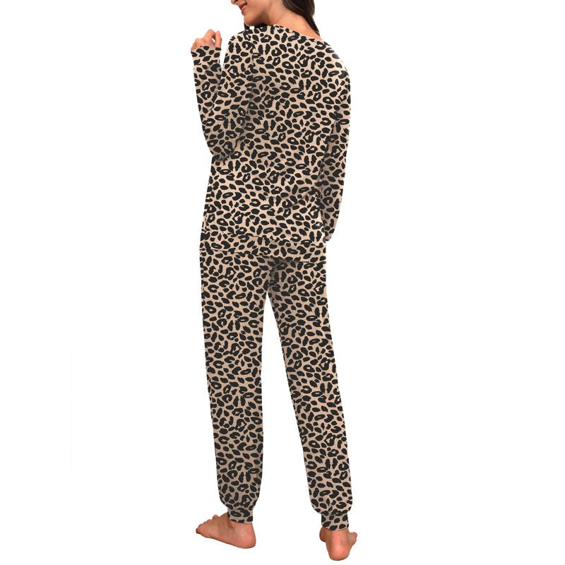 Leopard Khaki Womens Pajama Set Long Sleeve Sleepwear with Pockets - L
