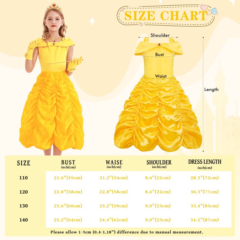 Girls Princess Dress Off Shoulder Costume G010-Yellow 8 (6-7 Years) - Little Girl Halloween Birthday Outfit