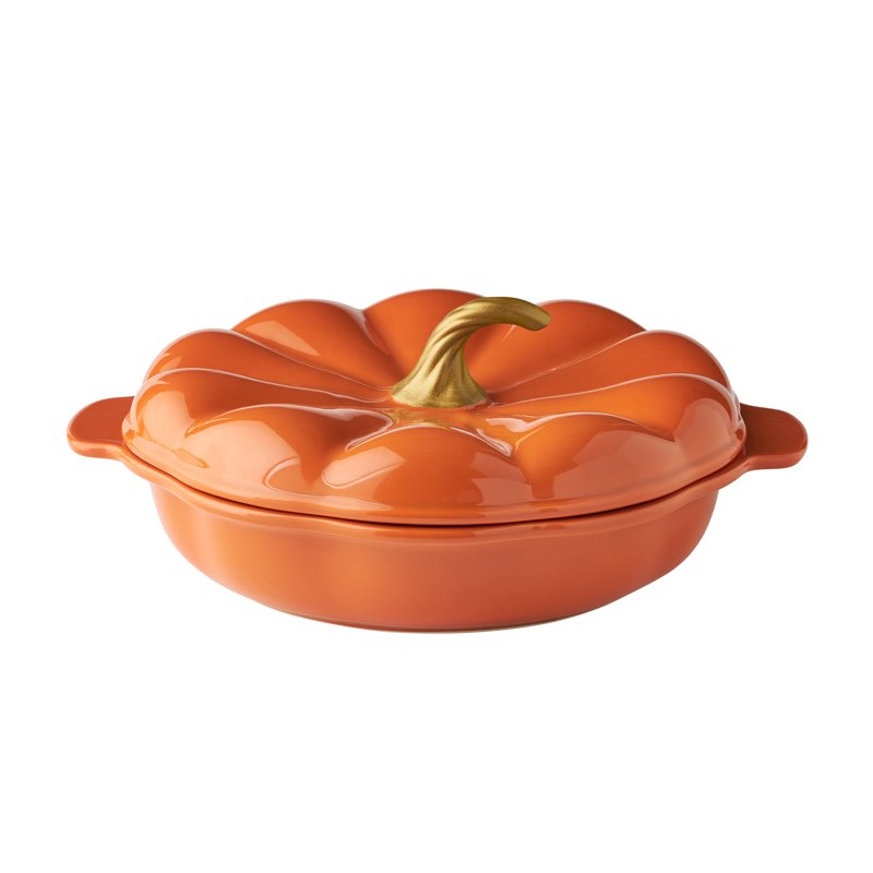 10-Inch Orange Pumpkin Pie Dish with Lid - Ceramic Bakeware