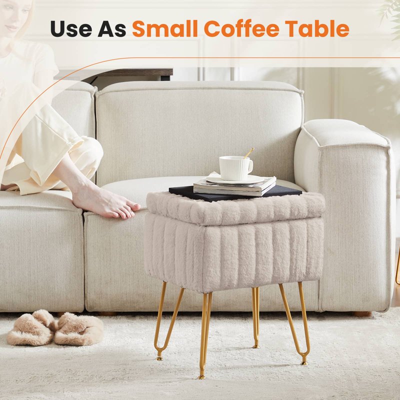 Ottoman Vanity Stool Chair with Storage - Modern Faux Fur Seat, Camel