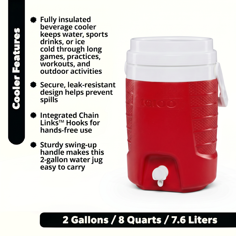 2 Gallon Sports Beverage Jug with Hooks - Red