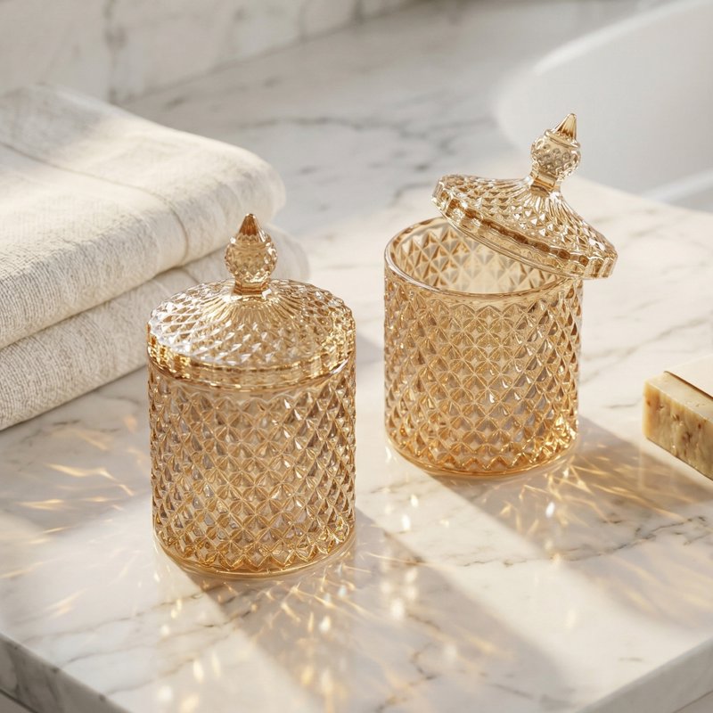 Embossed Glass Decorative Jar with Lid - Gold, 2.8" x 2.8" x 4.3"