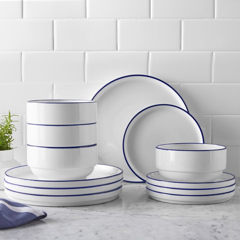 12-Piece Blue Rim Stoneware Dinnerware Set - Round