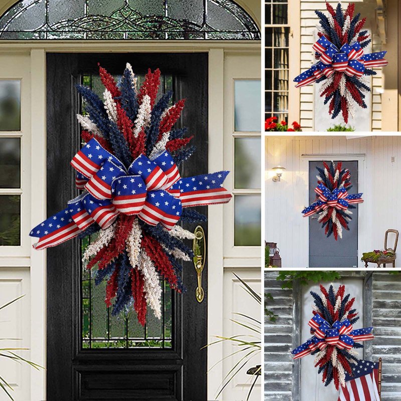 Patriotic Wreath for Front Door - Independence Day Flag Decor - Variation H