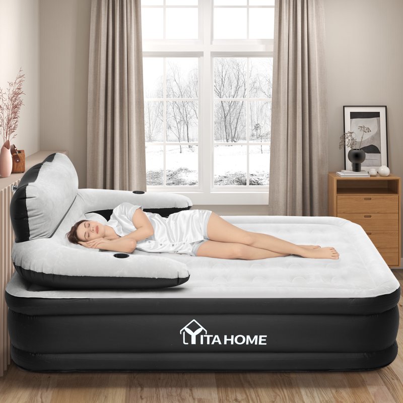 Queen Size Inflatable Air Mattress with Headboard & Built-In Pump - Gray-Style2