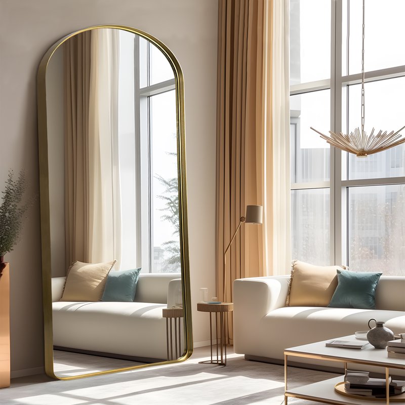 71x32 Inch Gold Arched Wall Mirror - Rounded Corner Aluminum Mount, Vertical Hanging
