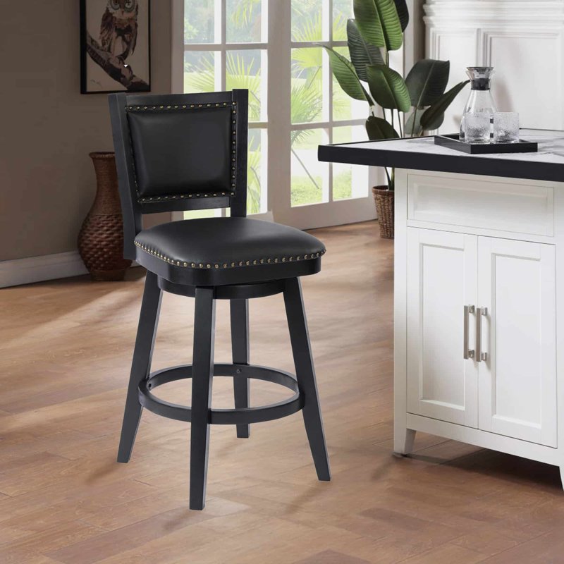 Bar Height Swivel Stool - Black Faux Leather Upholstery